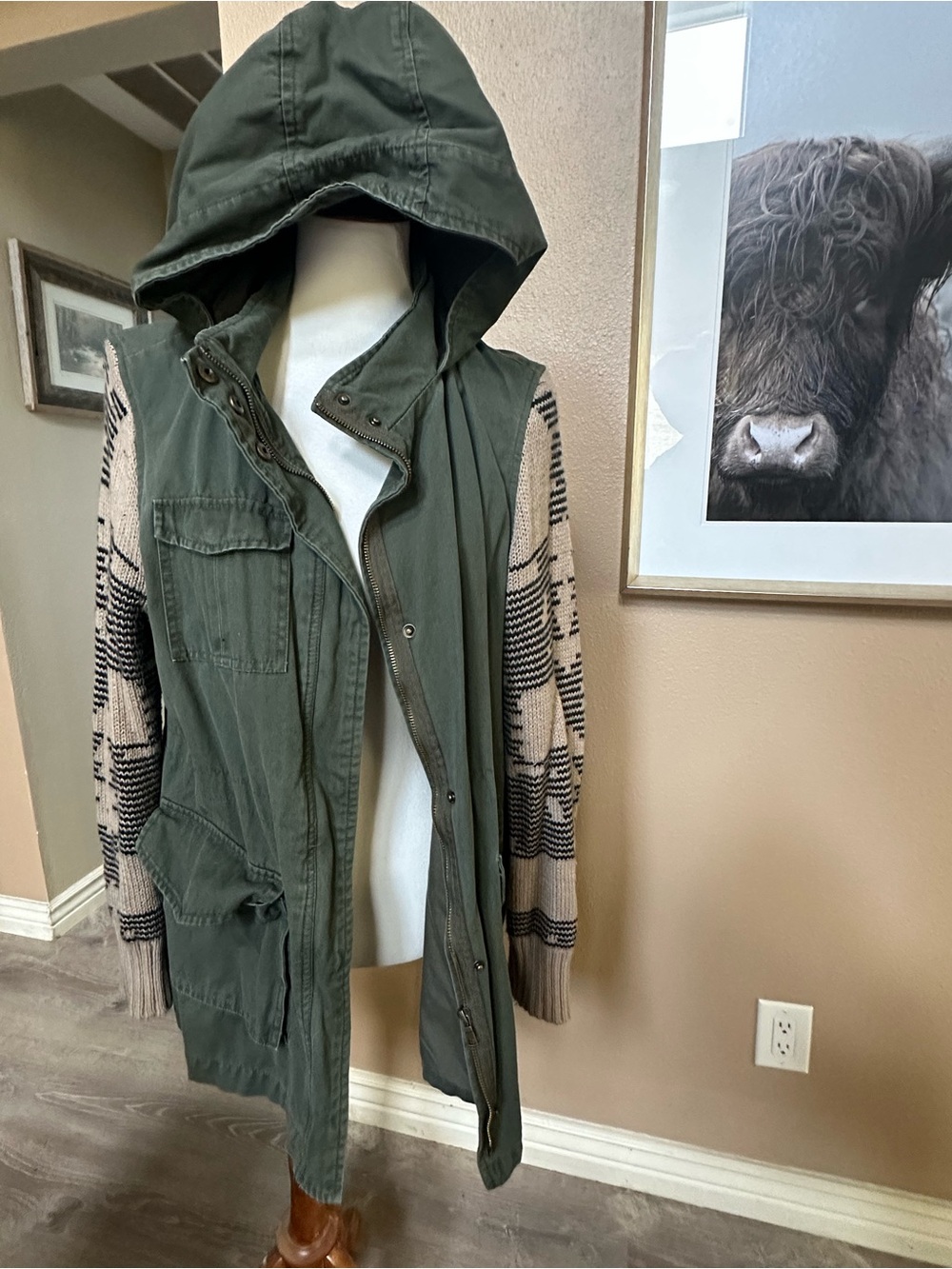 XL Olive Hooded Utility Jacket with Knit Sleeves